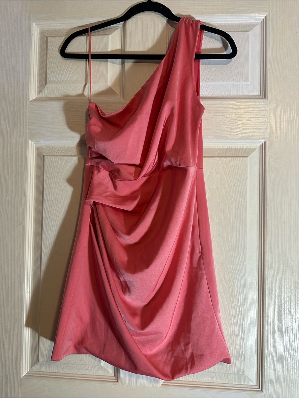 DO+BE Coral Pink One-Shoulder Draped Mini Dress